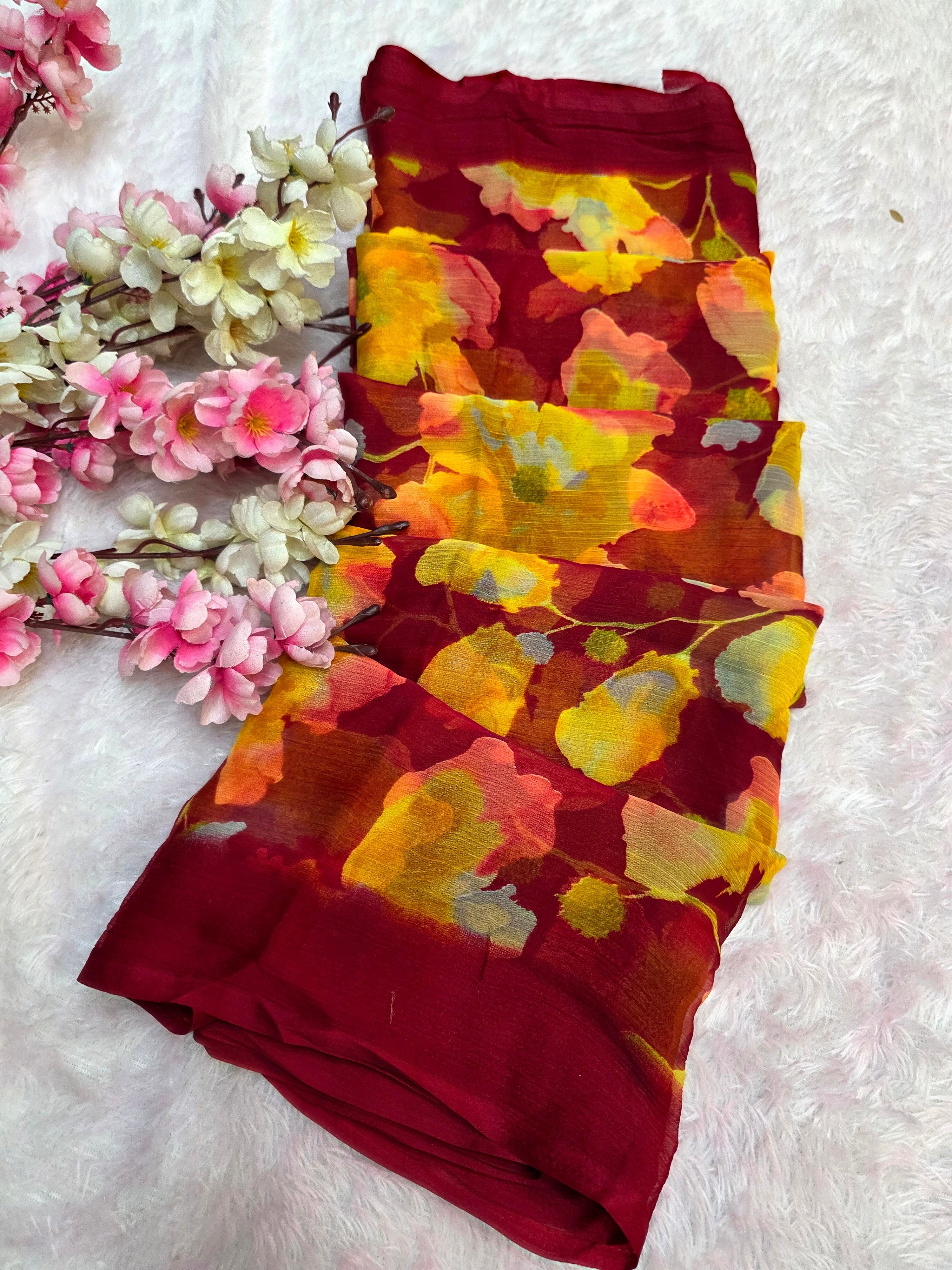 852001 Lightweight Elegant Semi Chiffon Flower Print Saree - Maroon