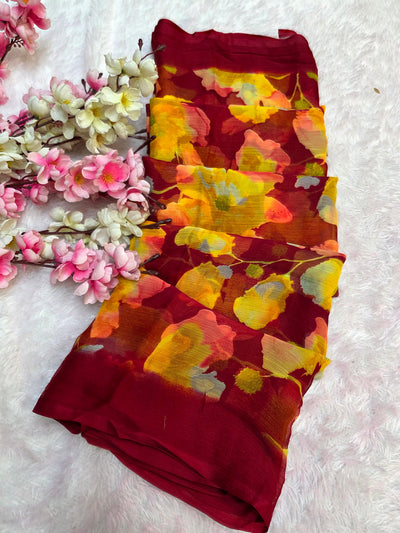 852001 Lightweight Elegant Semi Chiffon Flower Print Saree - Maroon