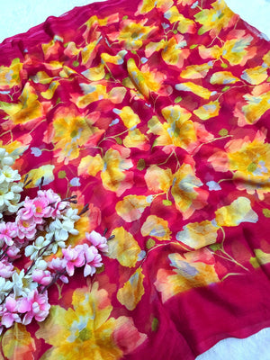 852001 Lightweight Elegant Semi Chiffon Flower Print Saree - Rani
