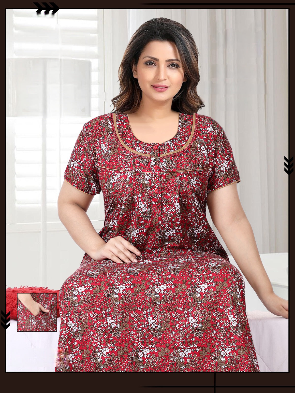 888010 Very Soft And Comfortable Night Gown with One Side Pocket - Red