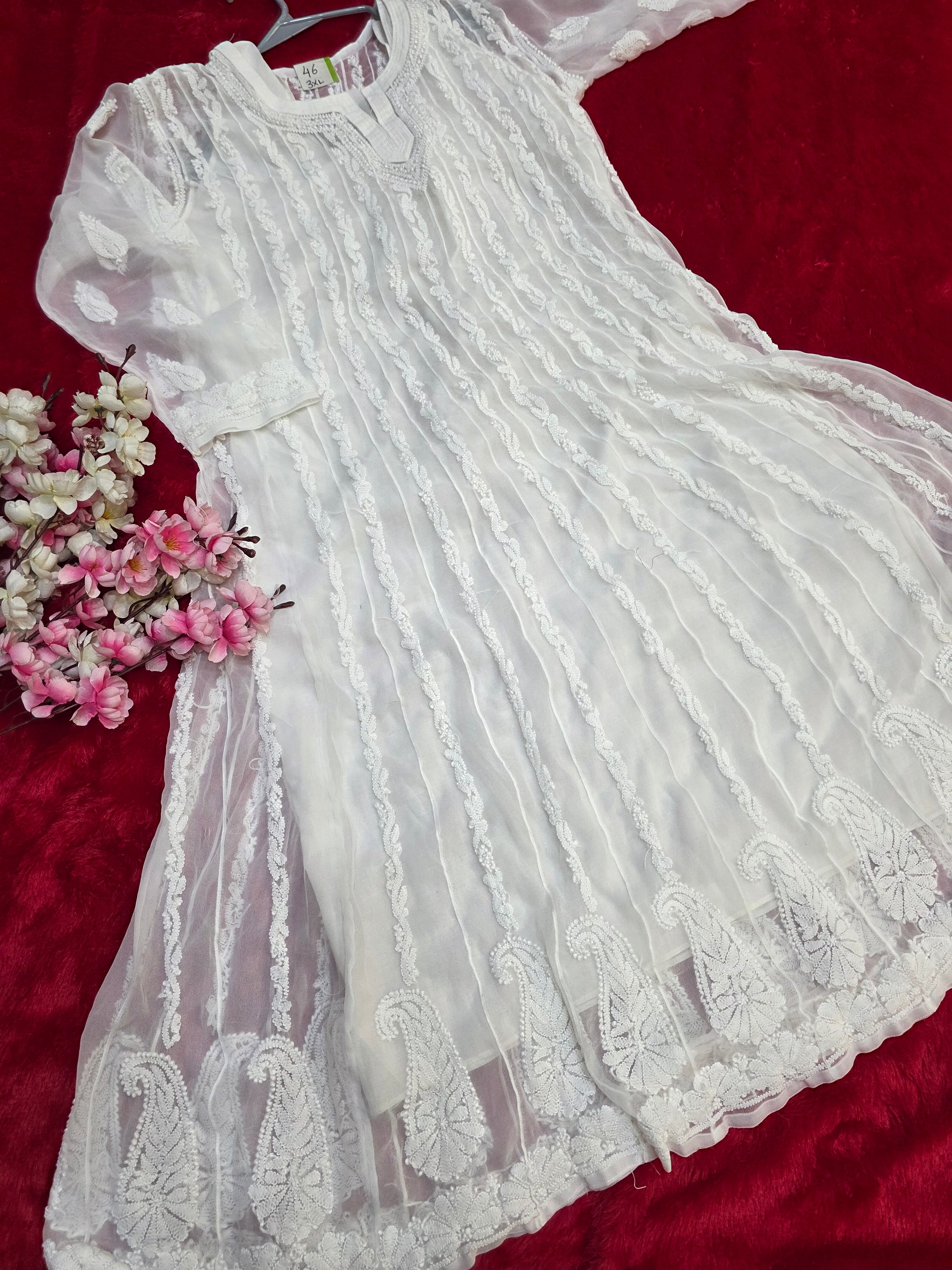 889011 Exclusive Chikankari Work Anarkali Georgette Kurti With Inner