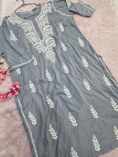897005 Original Chikankari Pure Cotton Modal Plus Size Kurti - Gray