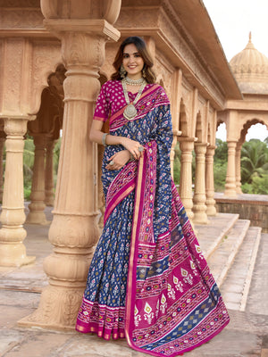 913001 Patola Print Soft Cotton Silk Saree with Small Zari Border