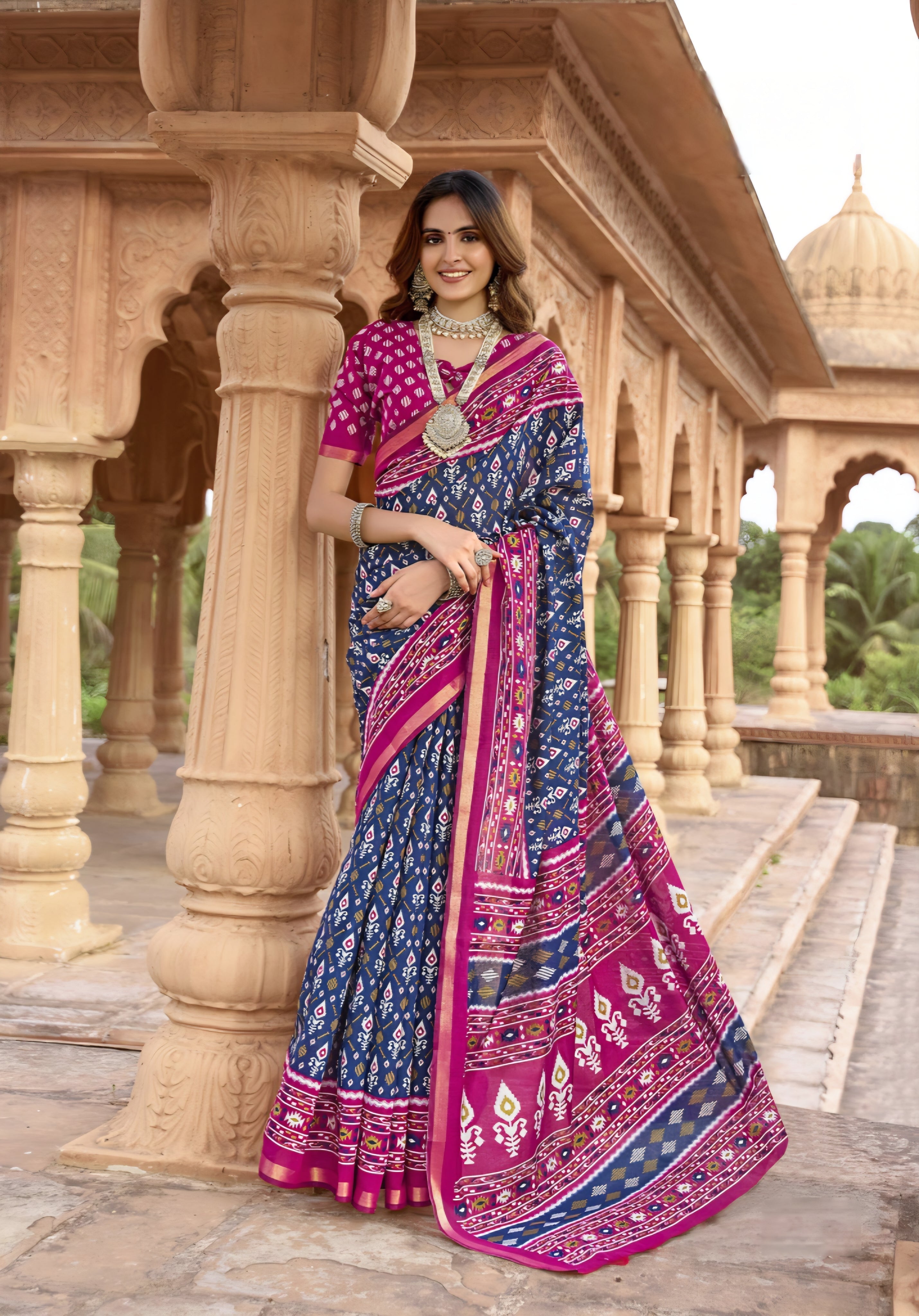 913001 Patola Print Soft Cotton Silk Saree with Small Zari Border
