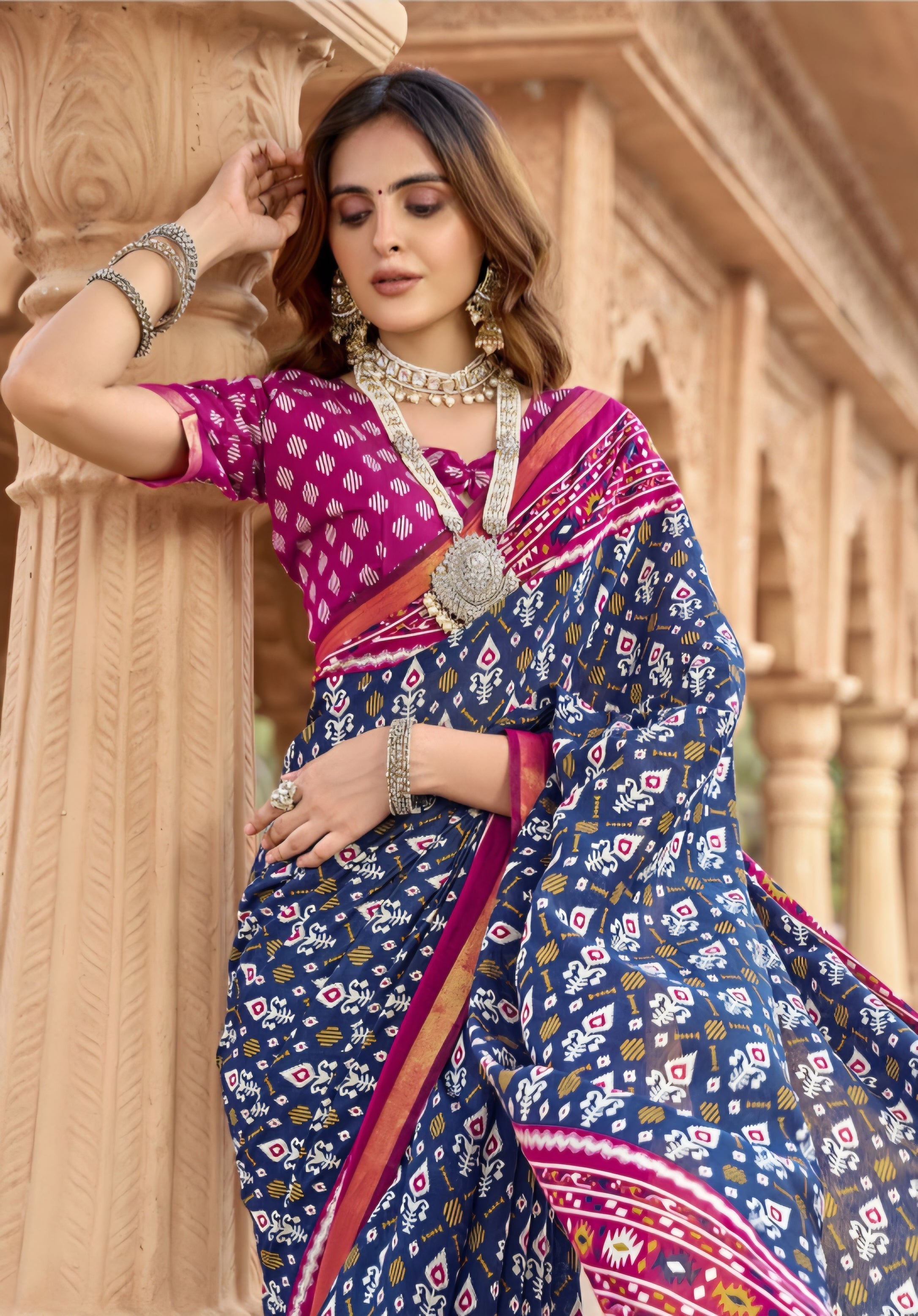913001 Patola Print Soft Cotton Silk Saree with Small Zari Border