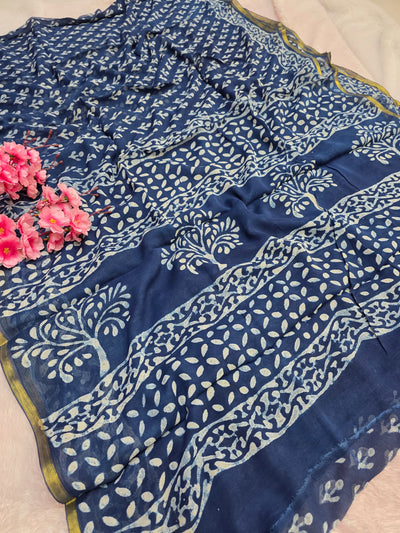 946008 Pure Rajasthani Diamond Chiffon Saree with Hand Batik Print and Zari Border