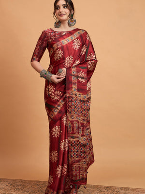 836002 Trending Ajrakh Print Semi Modal Silk Saree - Maroon