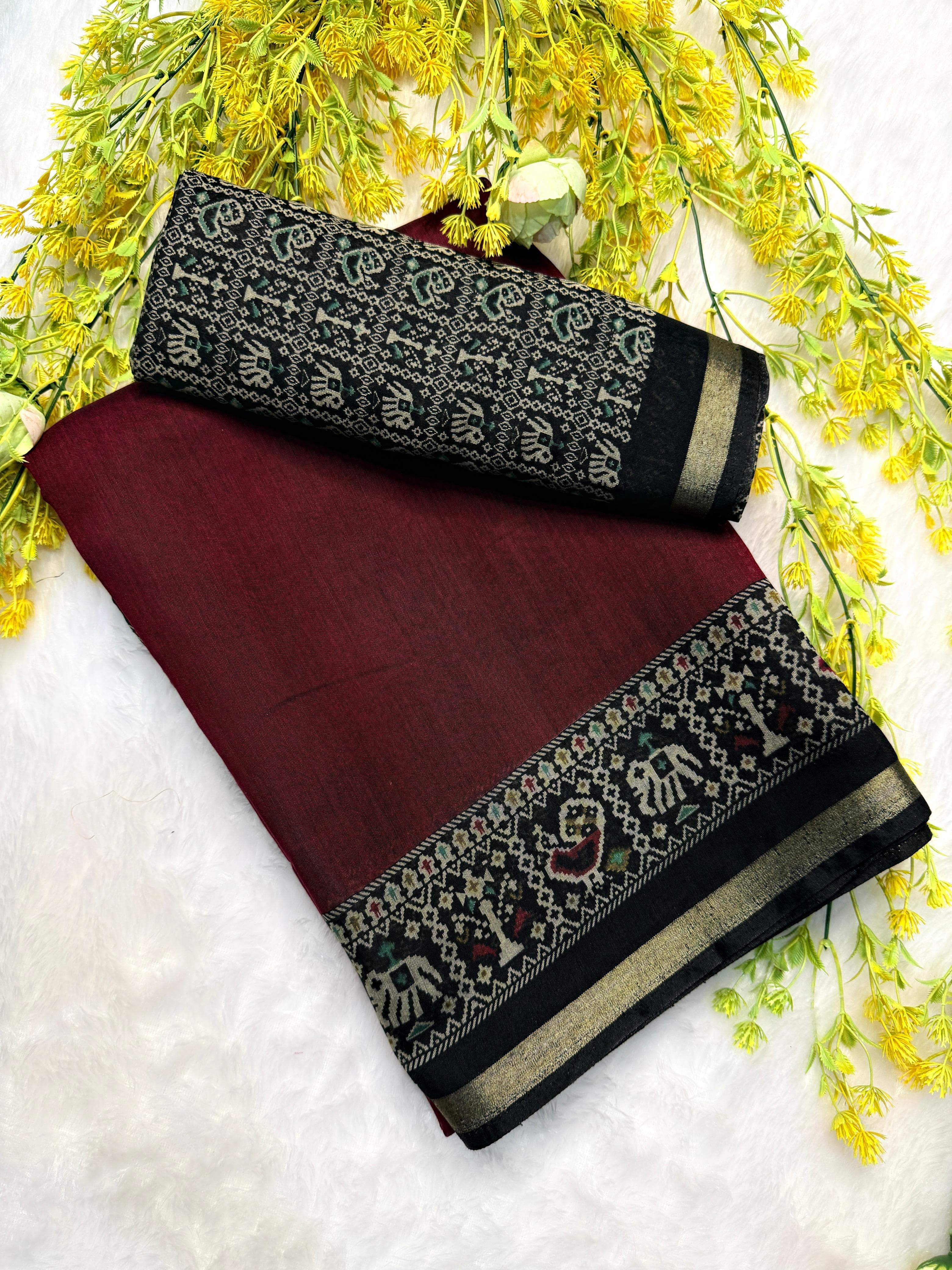 964004 Traditional Patola Border Saree with Plain Body Dola Silk Saree - Maroon
