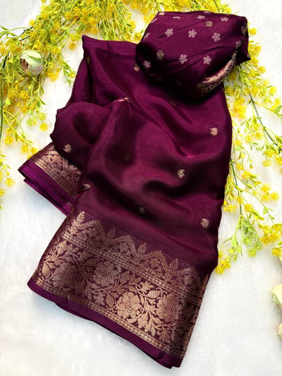 9234 Beautiful Soft Silk Zari Weaving Wine Saree With Printed Pallu