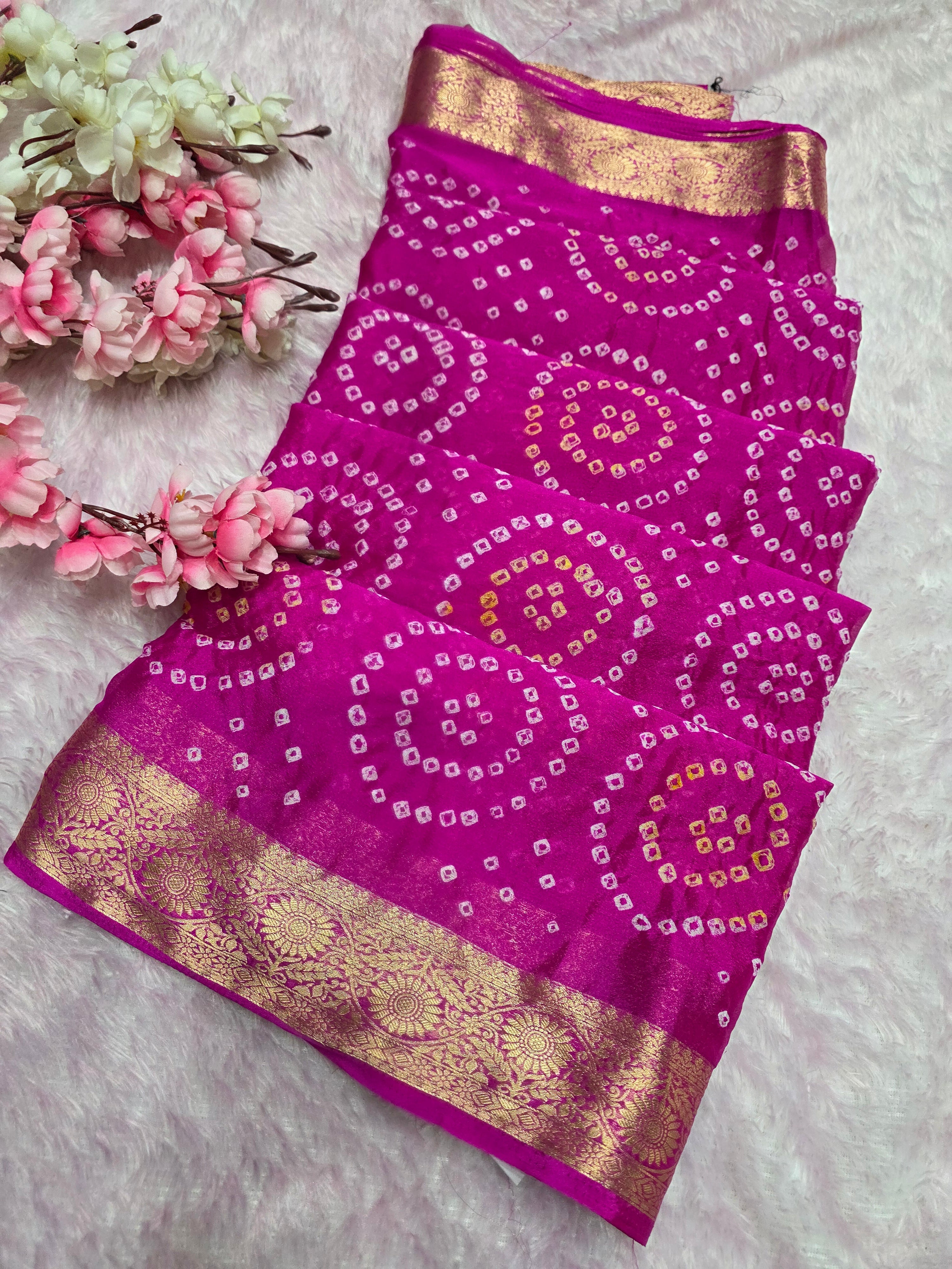 966002 Traditional Hand Bandhani Chinon Silk Soft Saree - Pink