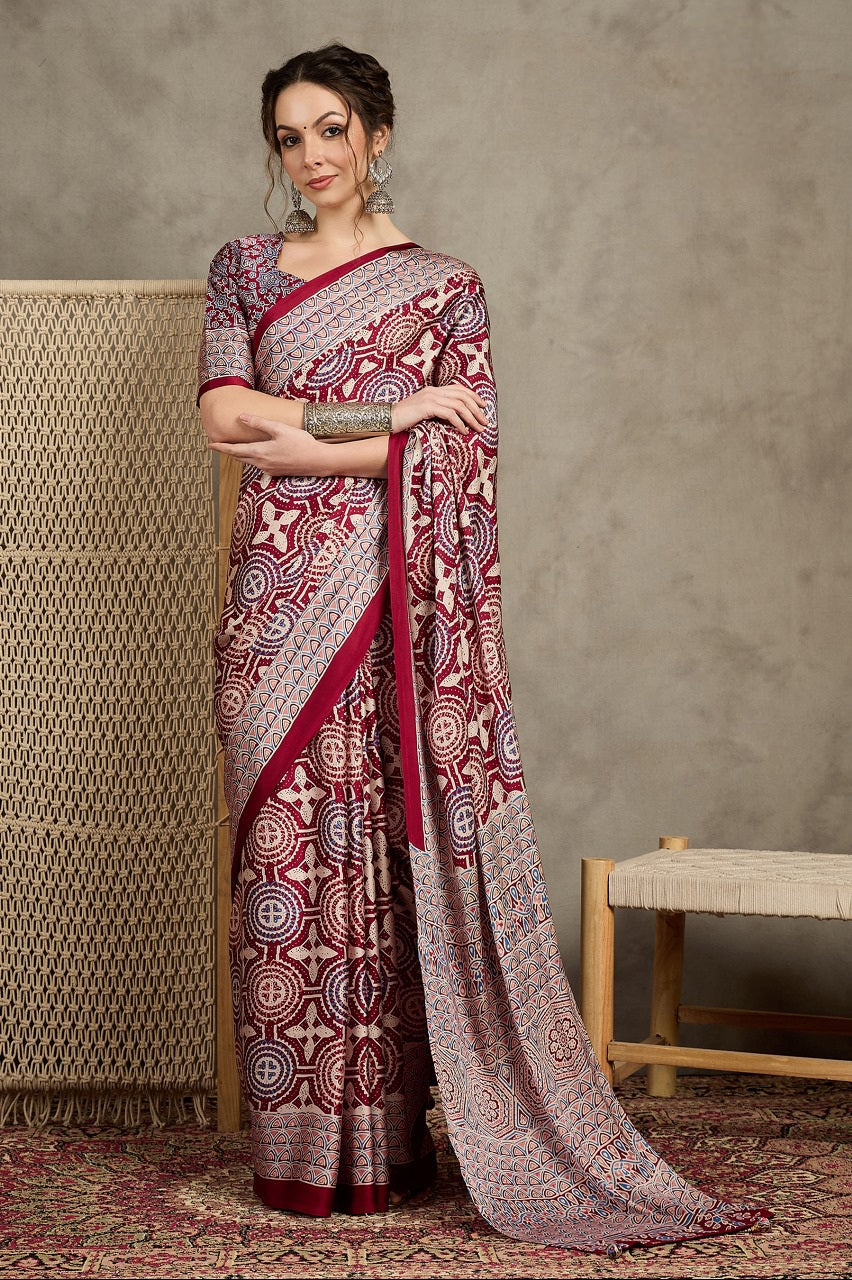 823002 Trending Ajrakh Print Semi Modal Silk Red Saree