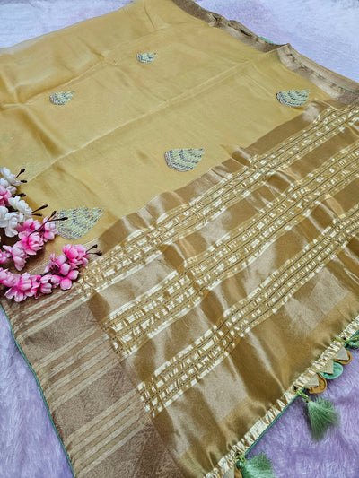 8585 Designer Organza Fabric Saree with Hand Cutdana Work - Yellow