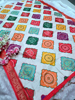 992001 Designer Colorful Bandhani Print Dola Silk Saree with Zari Weaving Border