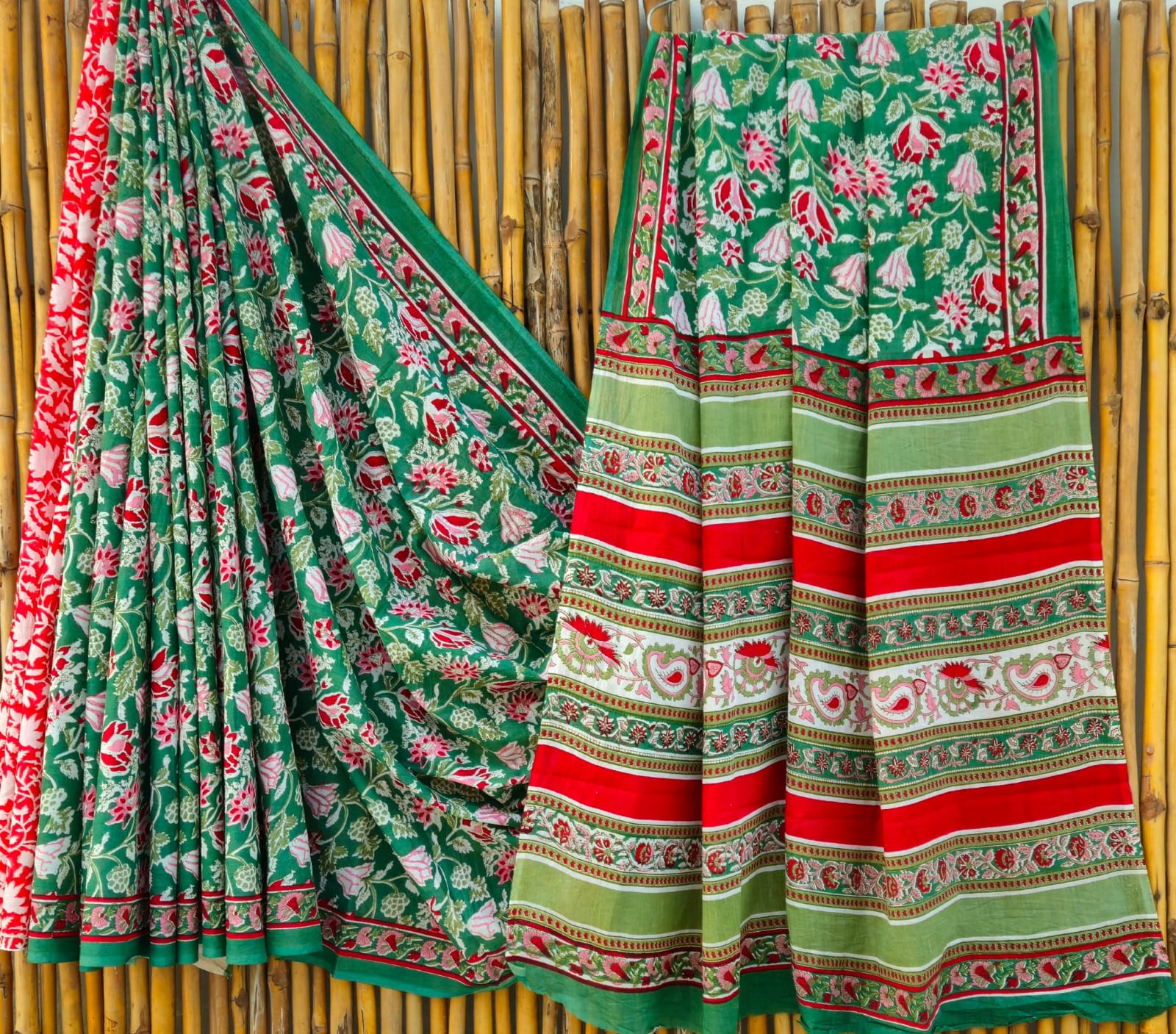 100003 Rajasthani Traditional Pure Malmal Cotton Hand block Printed Green Saree