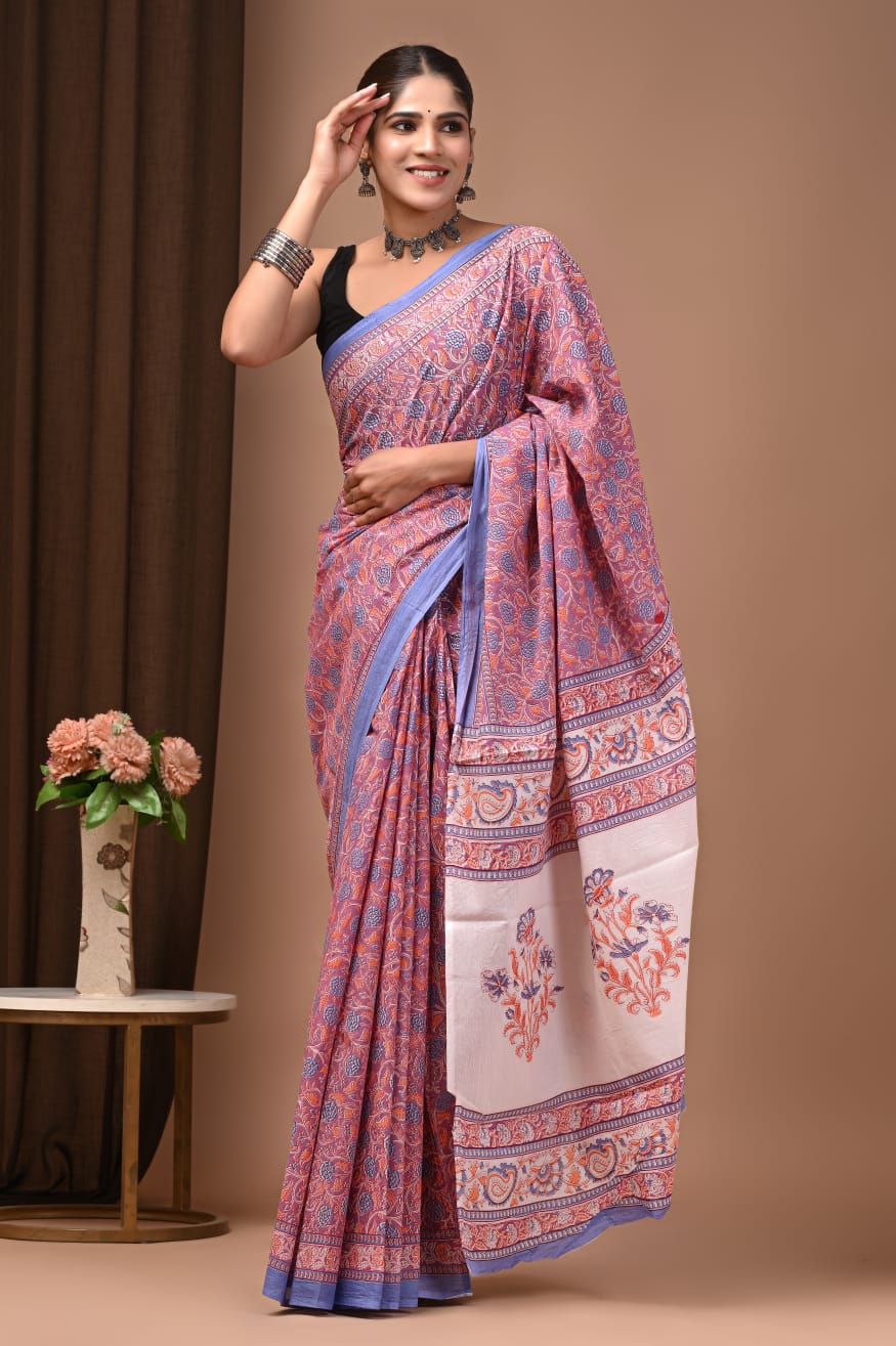 100002 Rajasthani Traditional Pure Malmal Cotton Hand block Printed Saree