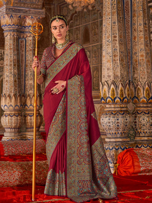 100301 Premium Kashmiri Print Silk Maroon Saree With Gold Print