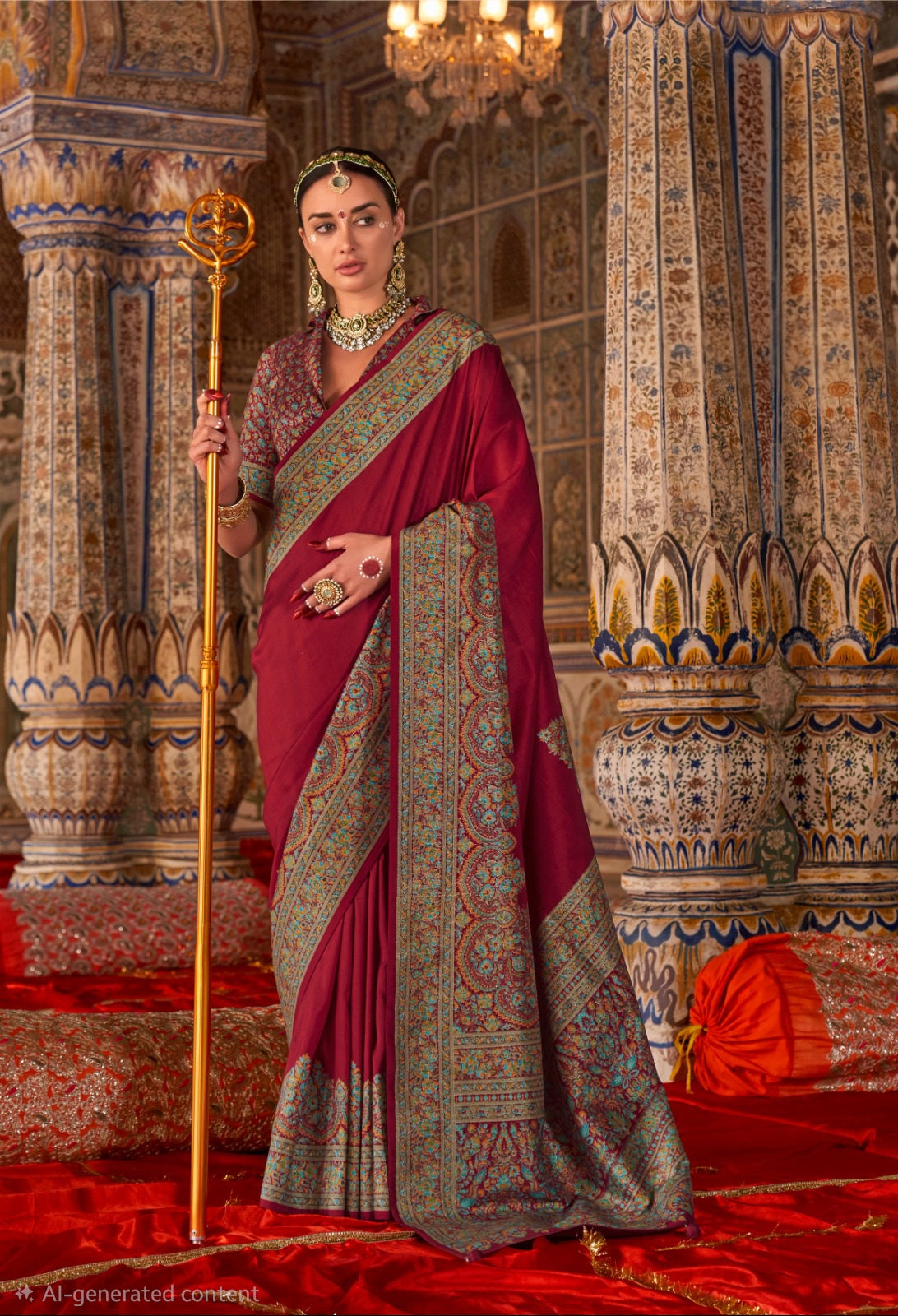 100301 Premium Kashmiri Print Silk Maroon Saree With Gold Print