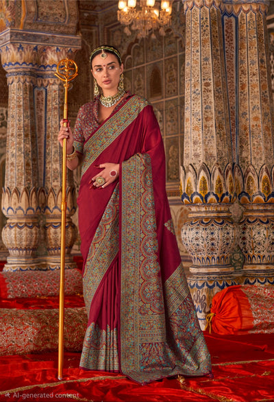 100301 Premium Kashmiri Print Silk Maroon Saree With Gold Print