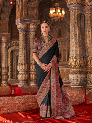 100301 Premium Kashmiri Print Silk Black Saree With Gold Print