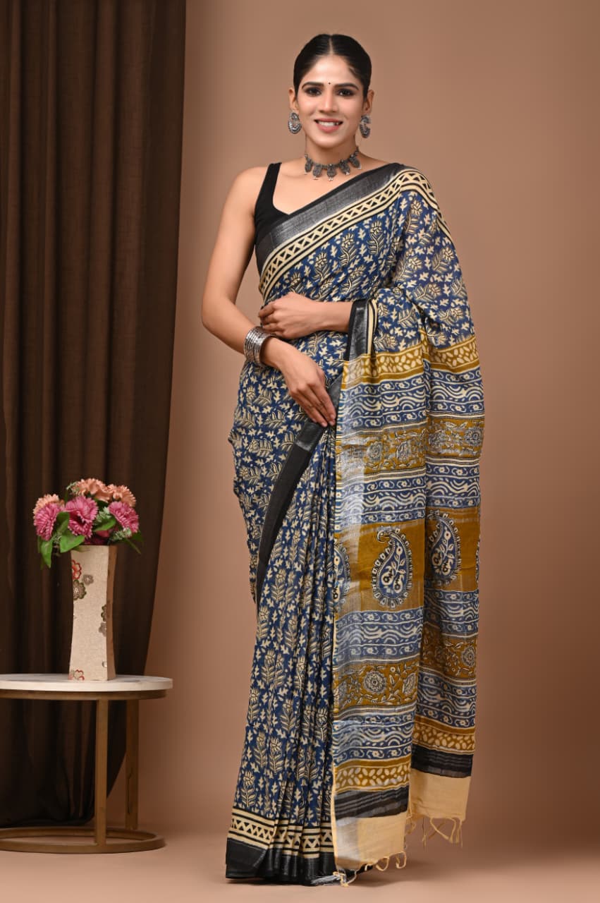 100501 Pure Rajasthani Natural Cotton Linen Hand Printed Saree