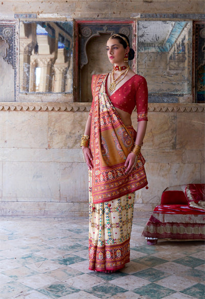 100706 Premium Patola Print Silk Saree With Gold Print - Cream