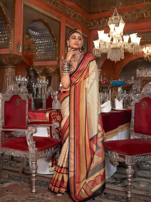 100701 Premium Patola Print Silk Saree With Gold Print - Beige