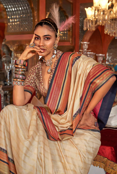 100701 Premium Patola Print Silk Saree With Gold Print - Beige