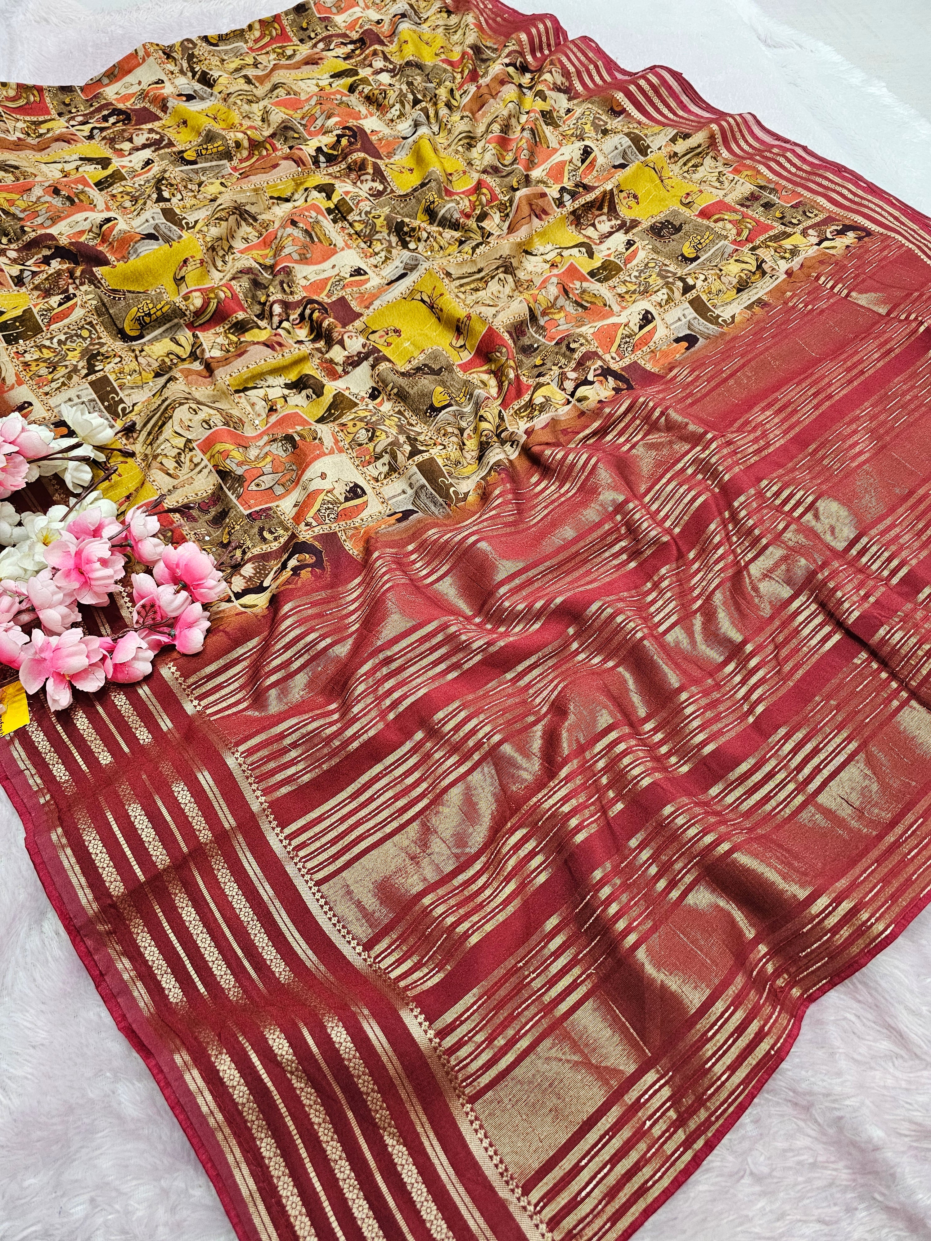 शुद्ध टसर सिल्क हाथ से बनी लेहरिया साड़ी प्रीमियम गोटापट्टी वर्क के साथ - 8837