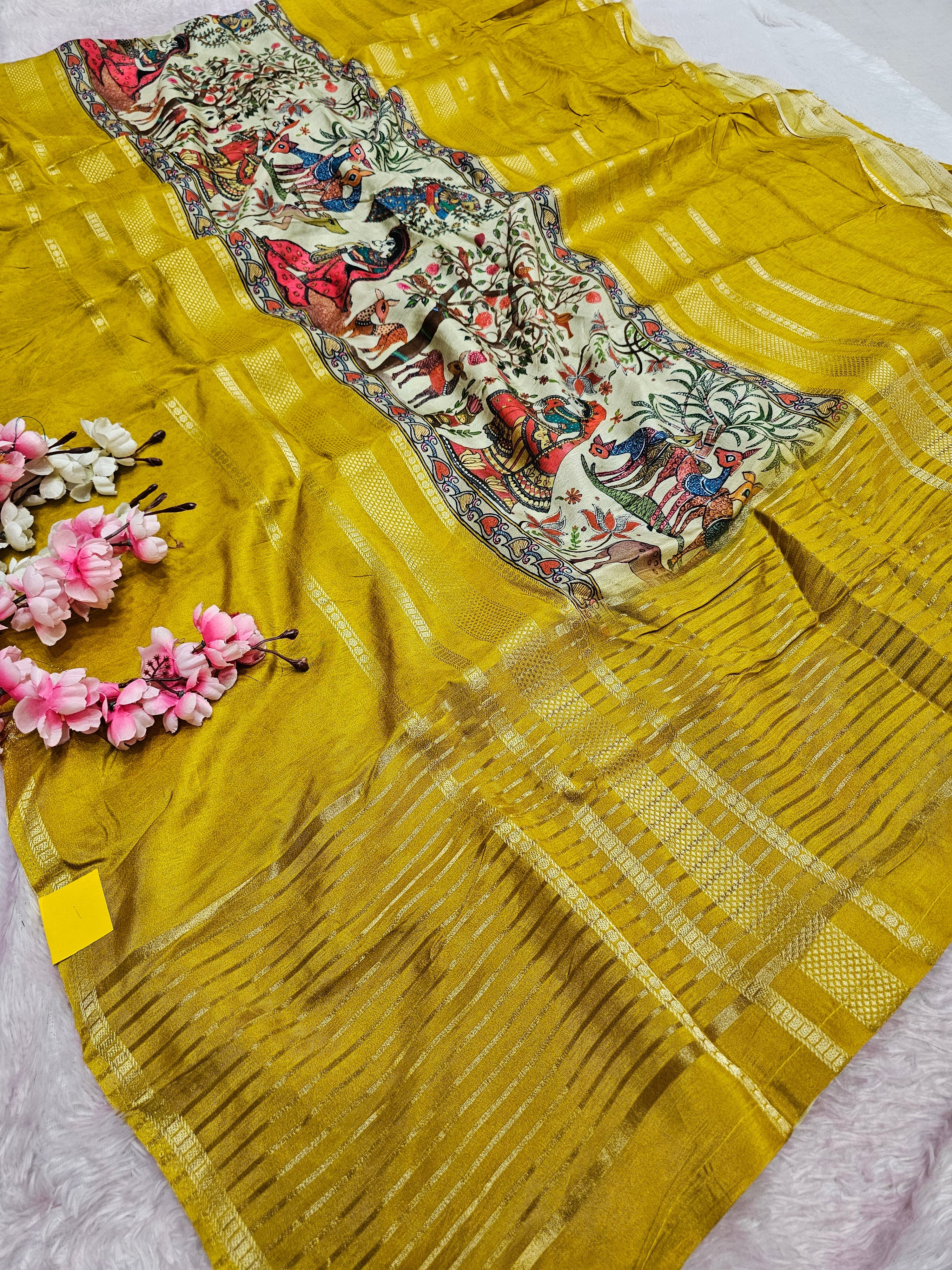 शुद्ध टसर सिल्क हाथ से बनी लेहरिया साड़ी प्रीमियम गोटापट्टी वर्क के साथ - 8837