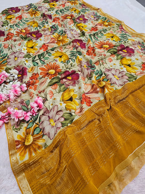 101005 Exclusive Pure Chinon Silk Traditional Flower Print Saree with Zari Weaving Border