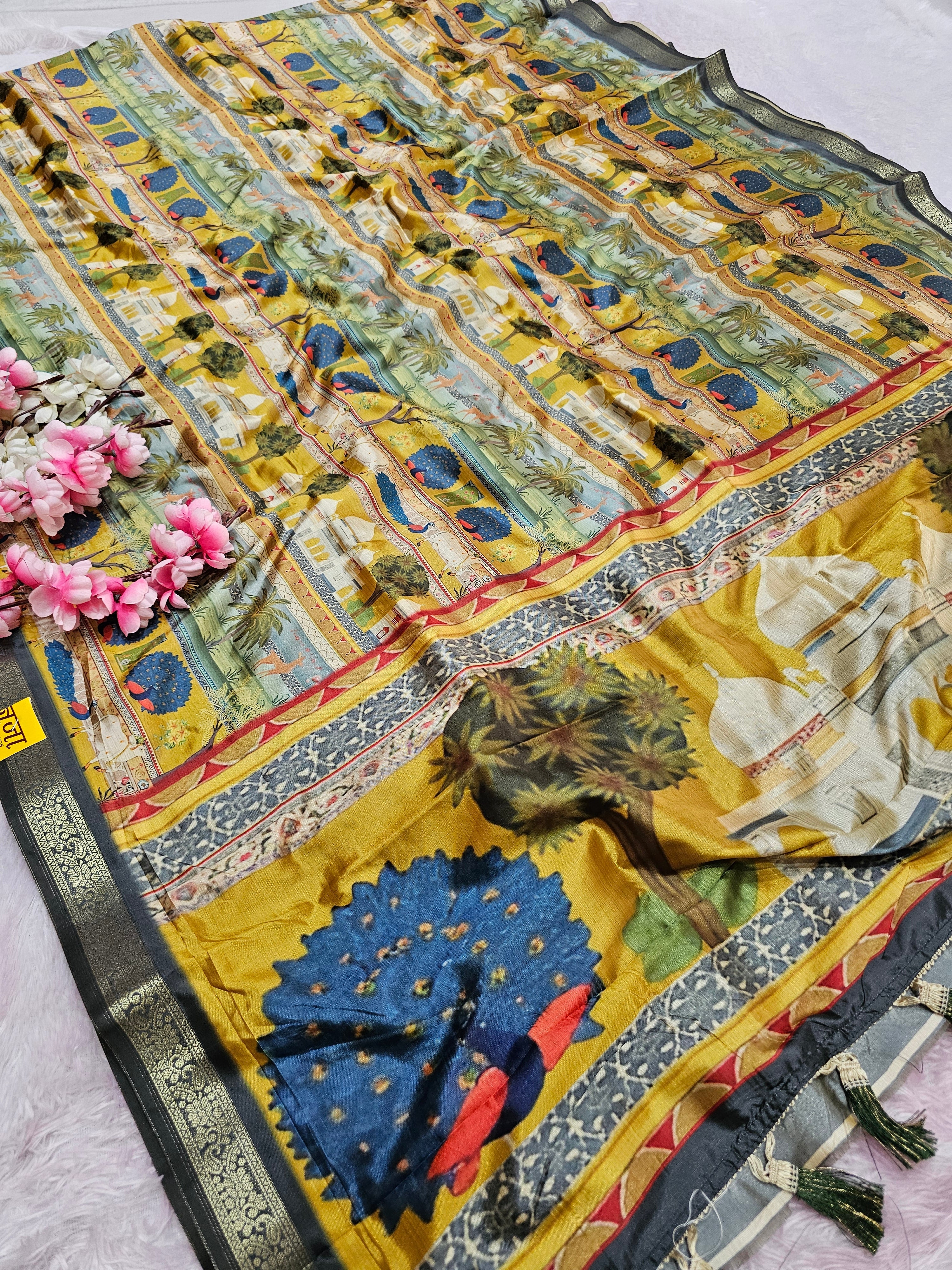 शुद्ध टसर सिल्क हाथ से बनी लेहरिया साड़ी प्रीमियम गोटापट्टी वर्क के साथ - 8837
