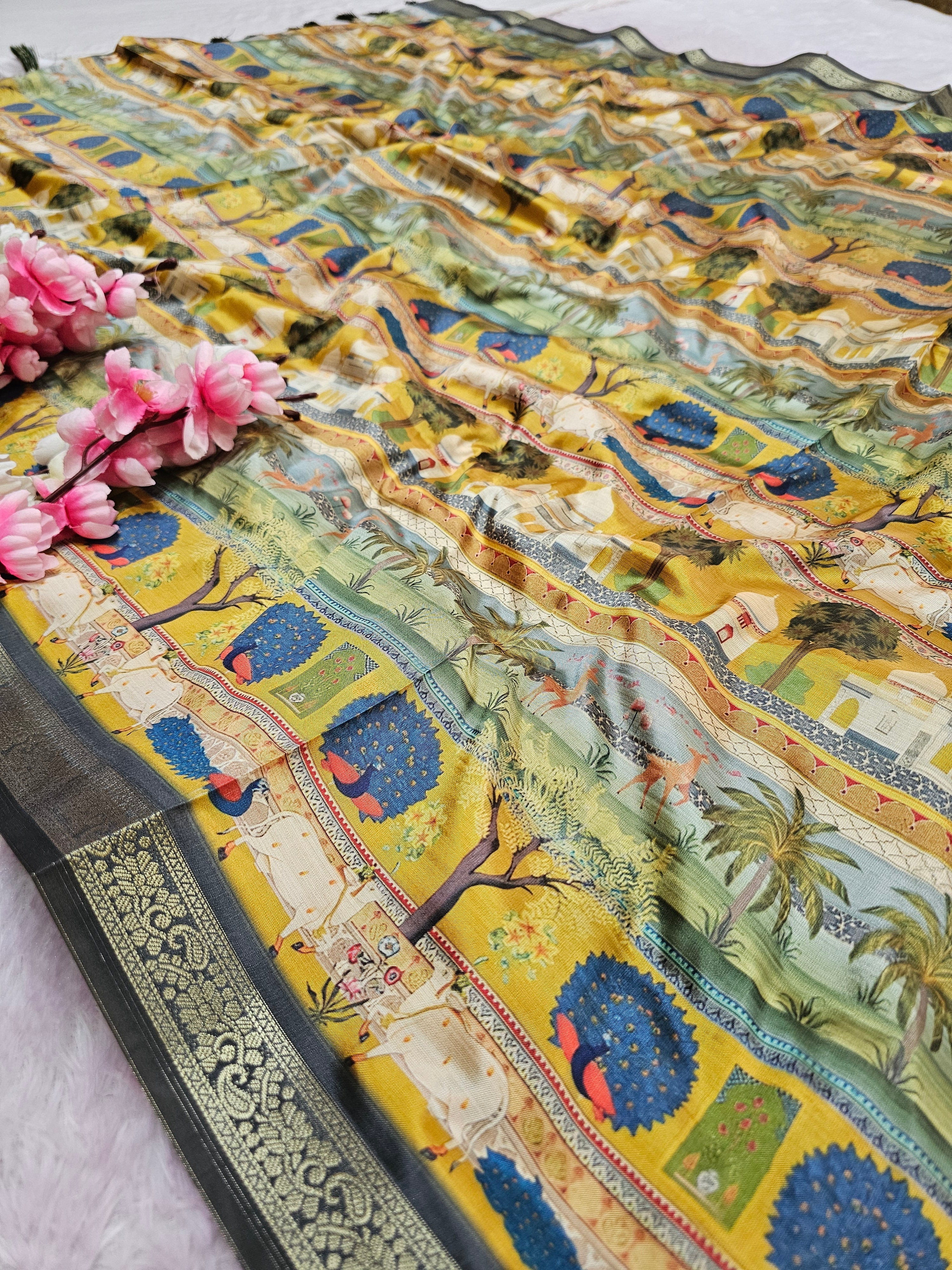 शुद्ध टसर सिल्क हाथ से बनी लेहरिया साड़ी प्रीमियम गोटापट्टी वर्क के साथ - 8837