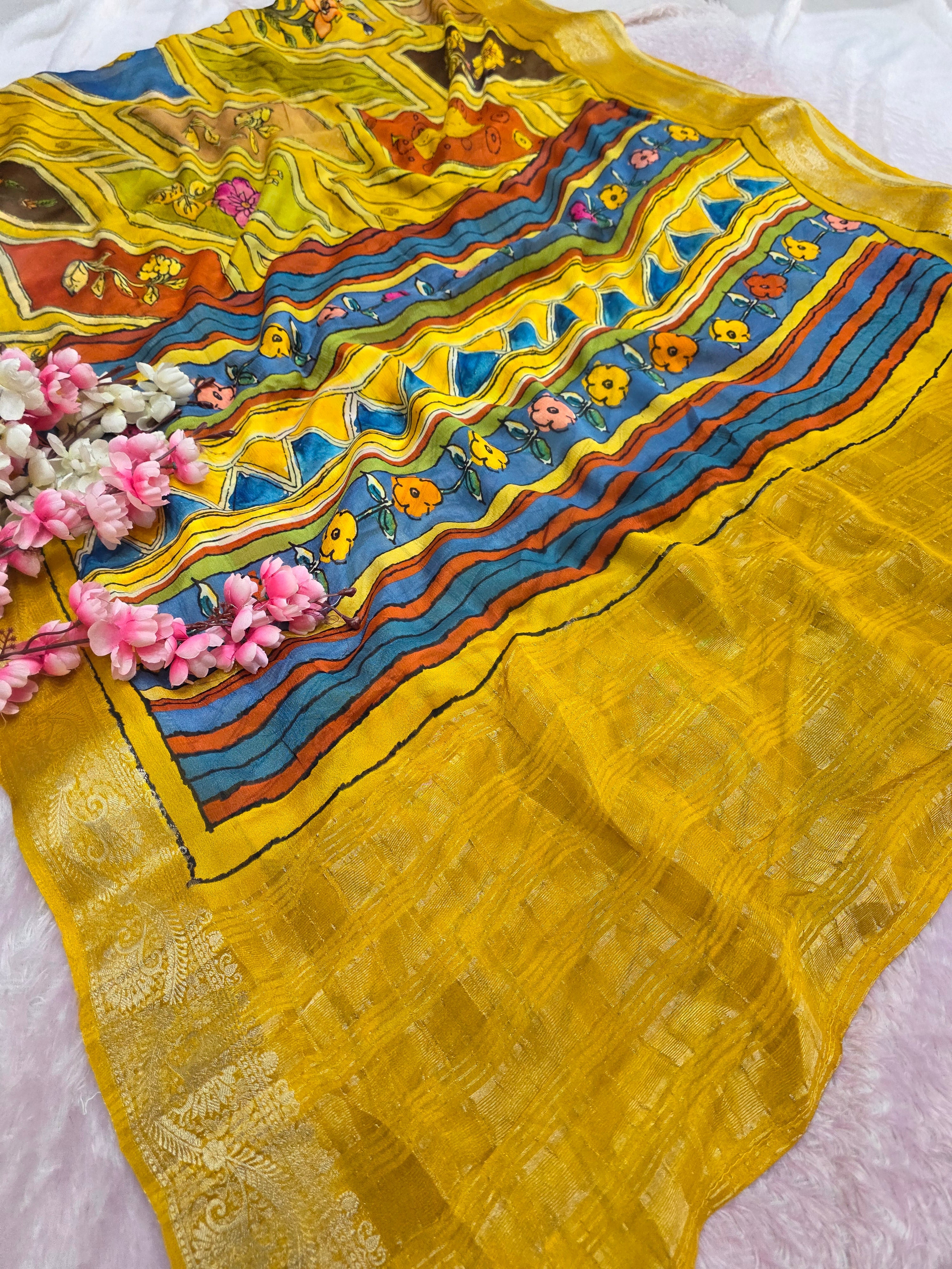 शुद्ध टसर सिल्क हाथ से बनी लेहरिया साड़ी प्रीमियम गोटापट्टी वर्क के साथ - 8837