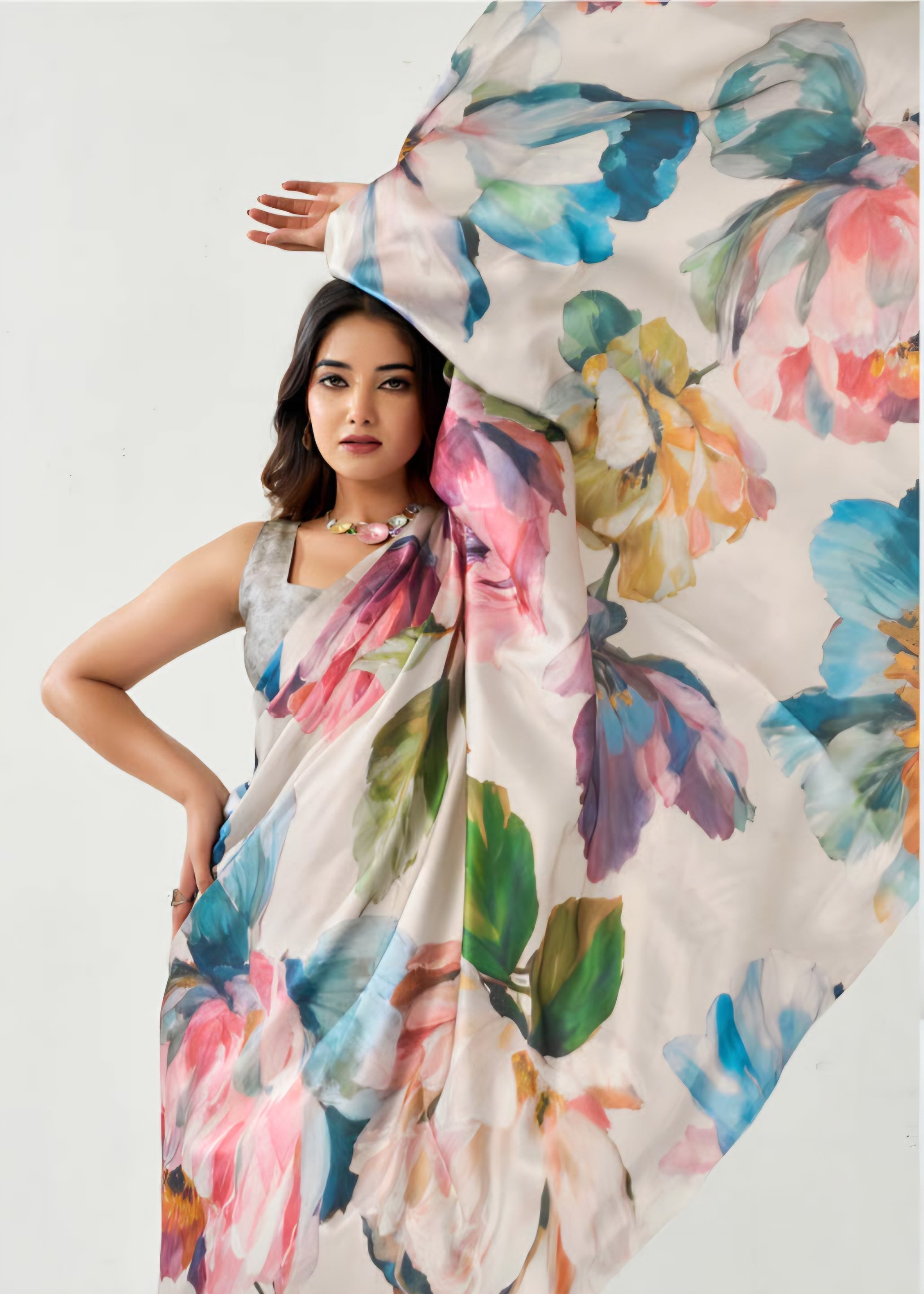101303 Bollywood Style Digital Print Soft Semi Italian Crepe Silk Saree