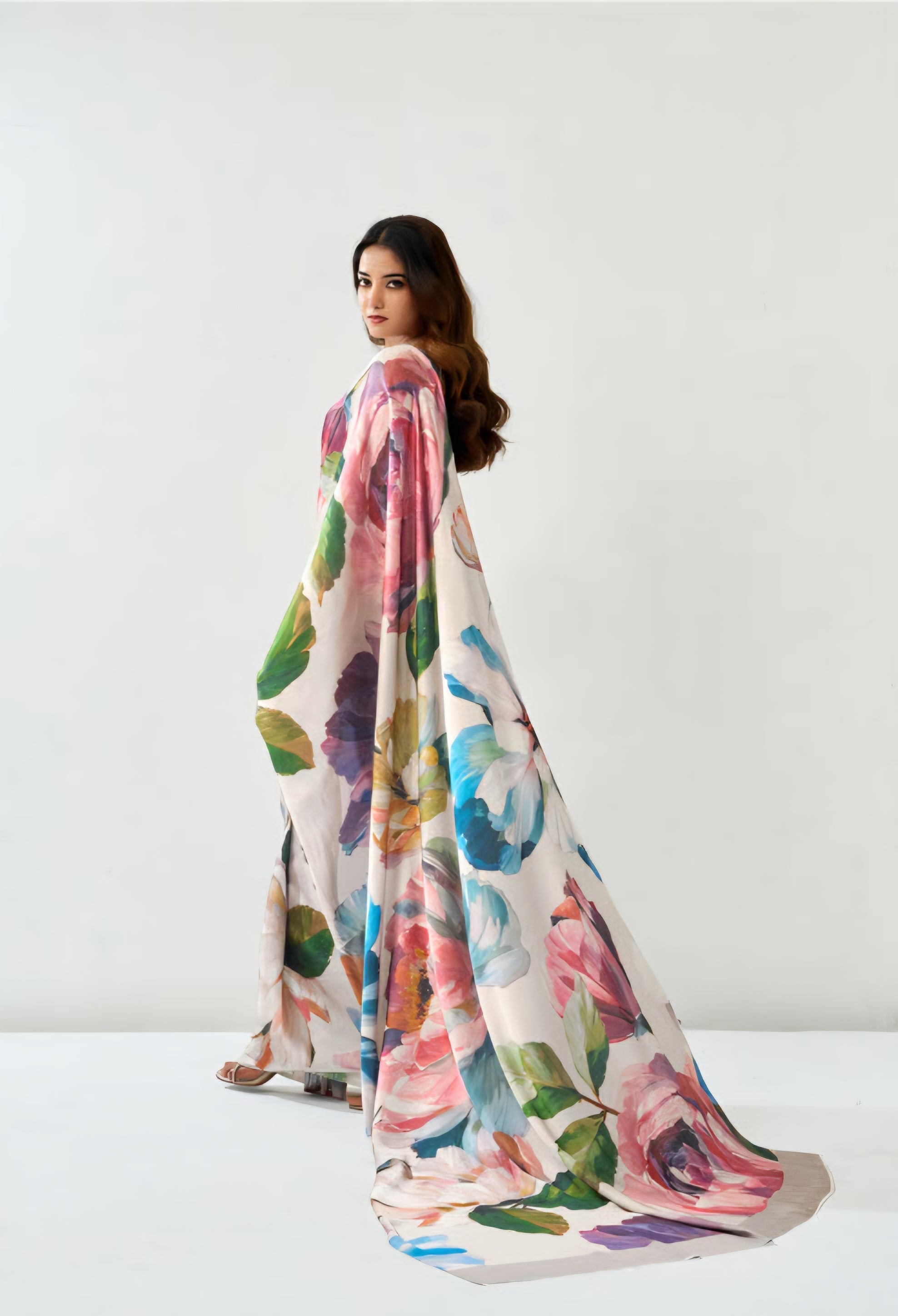 101303 Bollywood Style Digital Print Soft Semi Italian Crepe Silk Saree