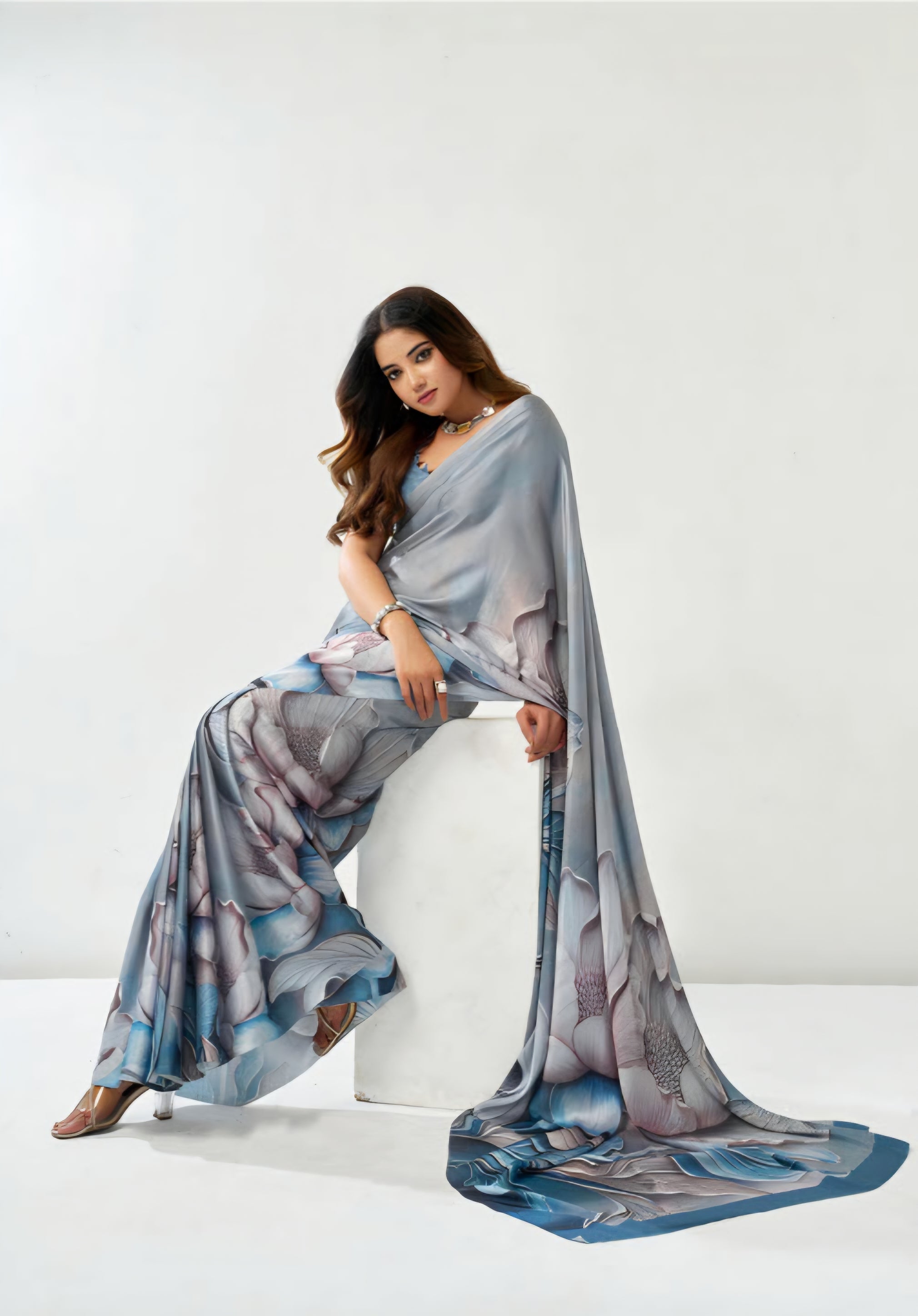 101301 Bollywood Style Digital Print Soft Semi Italian Crepe Silk Saree
