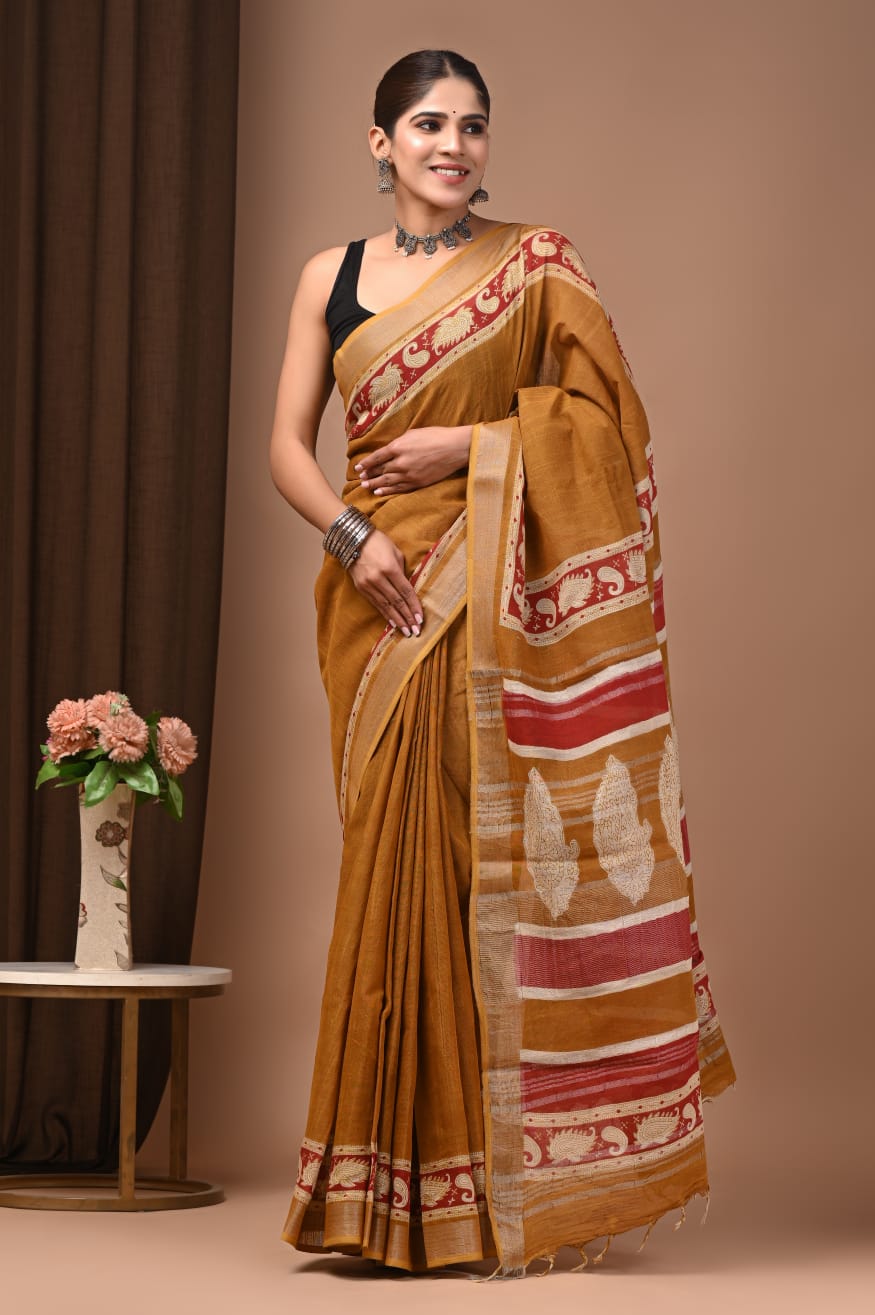 101407 Pure Rajasthani Natural Cotton Linen Hand Printed Saree