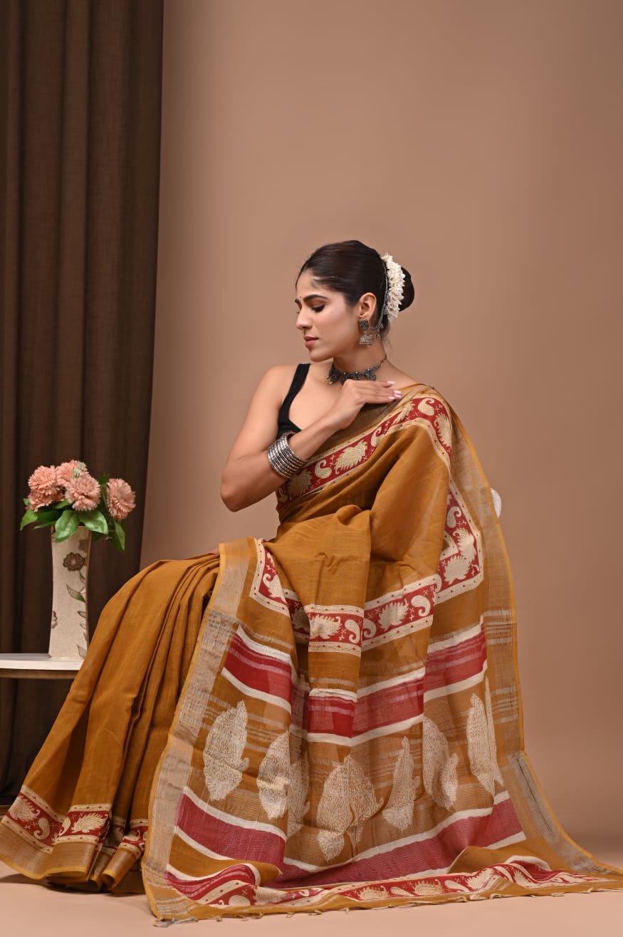 101407 Pure Rajasthani Natural Cotton Linen Hand Printed Saree