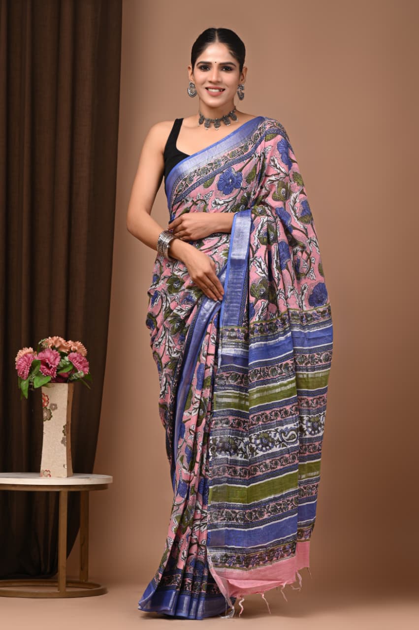 101405 Pure Rajasthani Natural Cotton Linen Hand Printed Saree