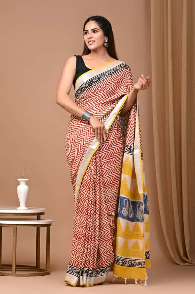 101403 Pure Rajasthani Natural Cotton Linen Hand Printed Saree