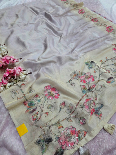 101707 Designer Tissue jute Silk Saree with Rajasthani Hand Aari Tari Work - Lavender