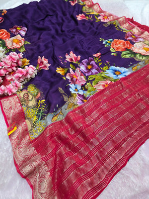 12554 Beautiful Pure Chinon Silk Traditional Print Saree with Zari Weaving Border