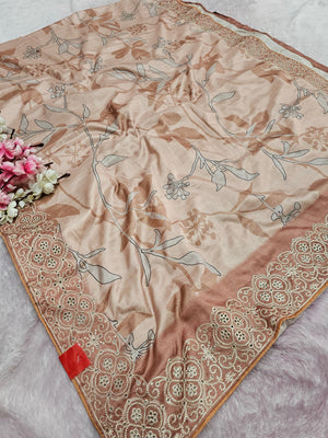 102001 Chitra Special Dola Viscose Silk Designer Print Saree with Chifley Work - Peach