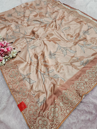 102001 Chitra Special Dola Viscose Silk Designer Print Saree with Chifley Work - Peach