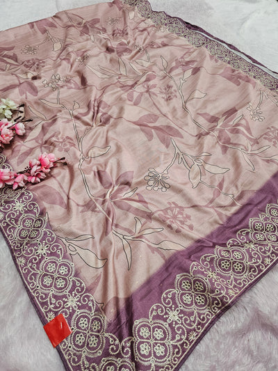 102001 Chitra Special Dola Viscose Silk Designer Print Saree with Chifley Work - Pink