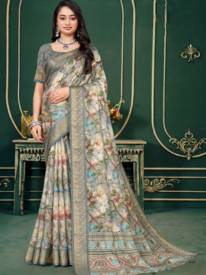 102212 Designer Soft Dola Silk Flower Printed Saree with Zari Weaving Border