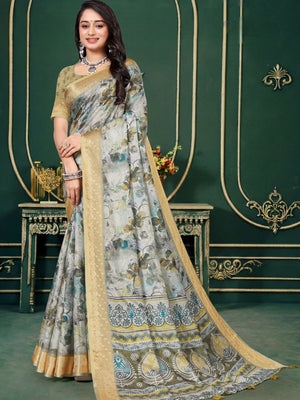 102211 Designer Soft Dola Silk Flower Printed Saree with Zari Weaving Border