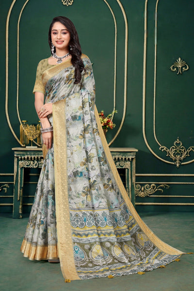 102211 Designer Soft Dola Silk Flower Printed Saree with Zari Weaving Border