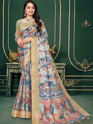 102210 Designer Soft Dola Silk Flower Printed Saree with Zari Weaving Border