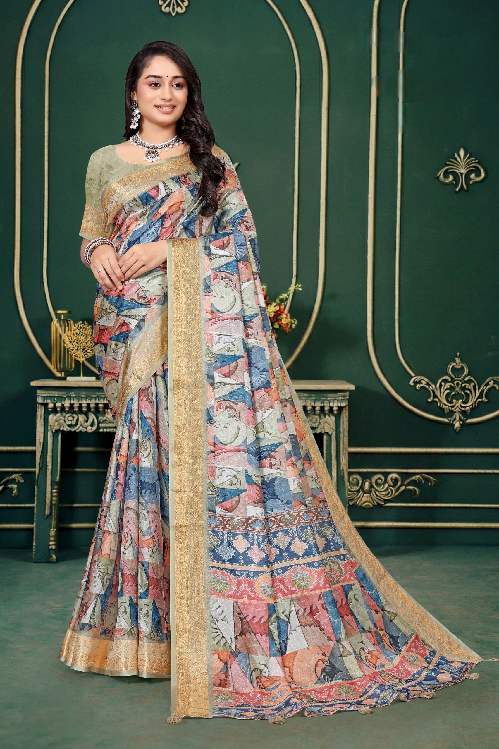 102210 Designer Soft Dola Silk Flower Printed Saree with Zari Weaving Border